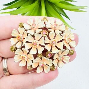 SOLD Vintage Peachy Cream Enamel Pink Rhinestone Gold Tone Brooch